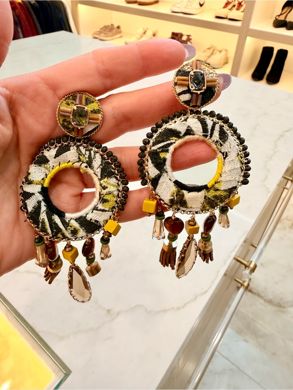 Vintage Boho Fabric Hoop Drop Earrings in Olive Green, Yellow & Cream